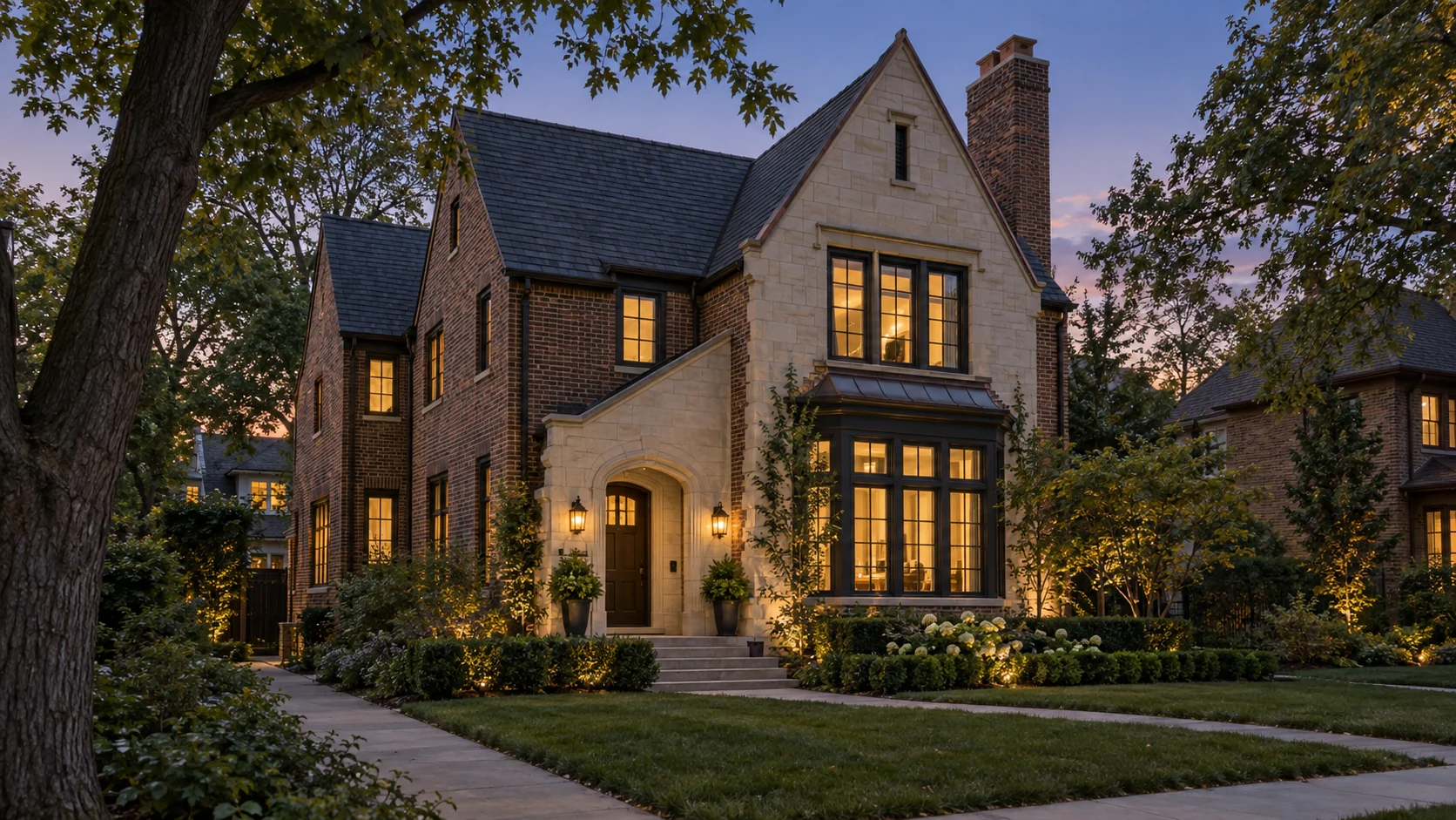 Illustrative Chicago brick and limestone residential exterior